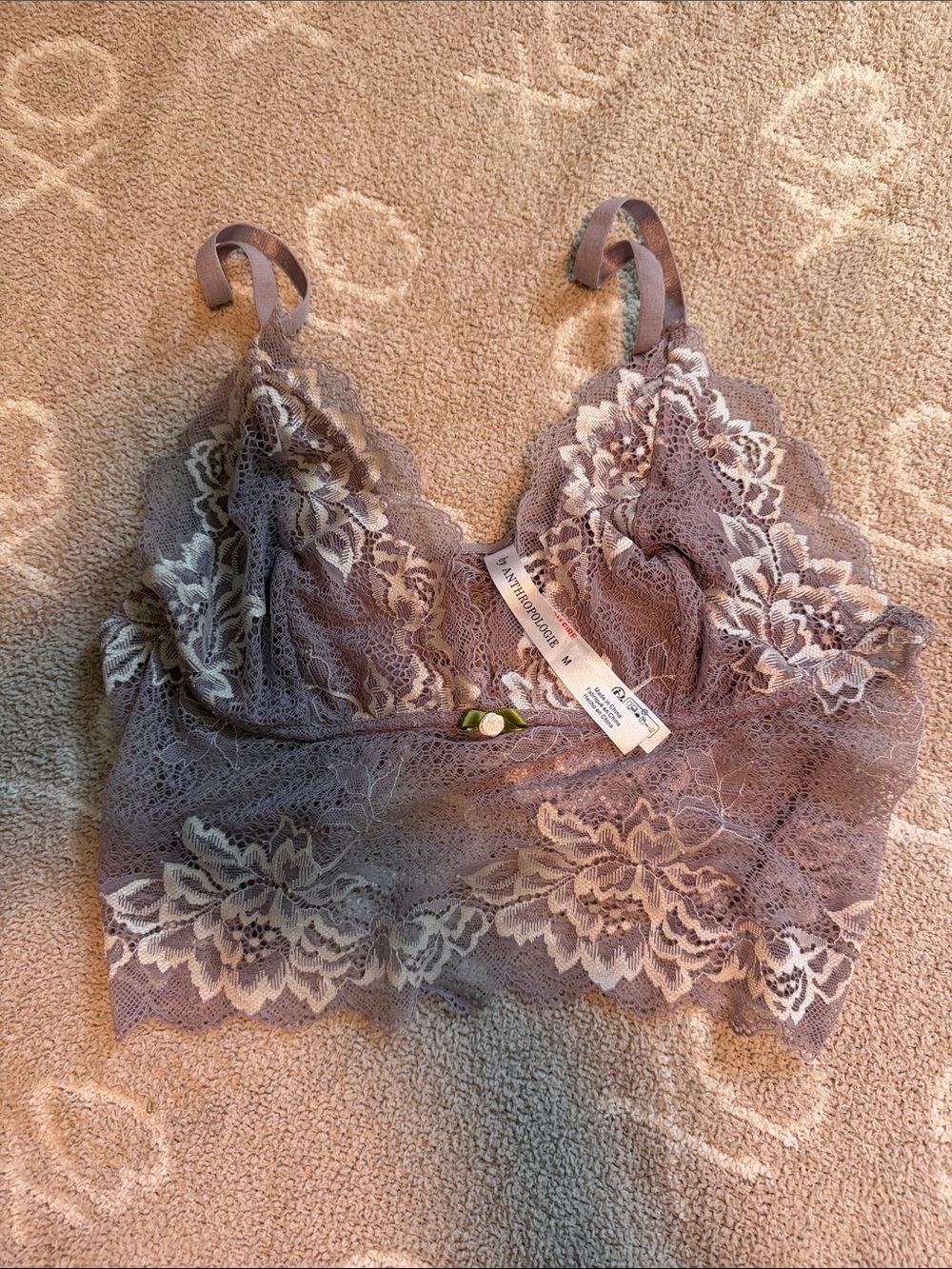 Anthropologie Lace Bralette in Mauve with Cream Floral Trim